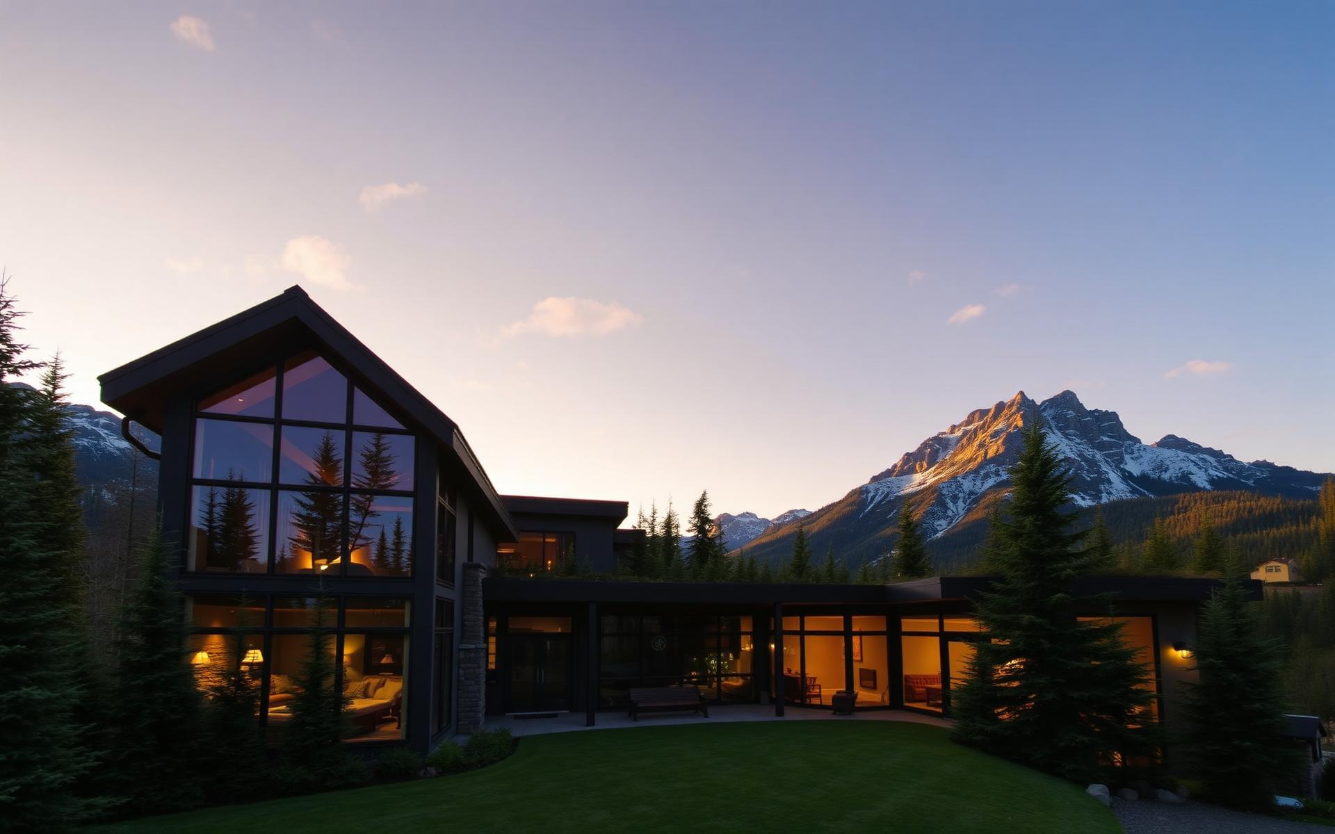 Modern Oregon mountain home at sunset